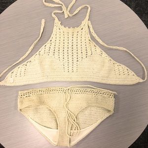 The Limited 1972 vintage crocheted halter-top and drawstring bikini swimsuit